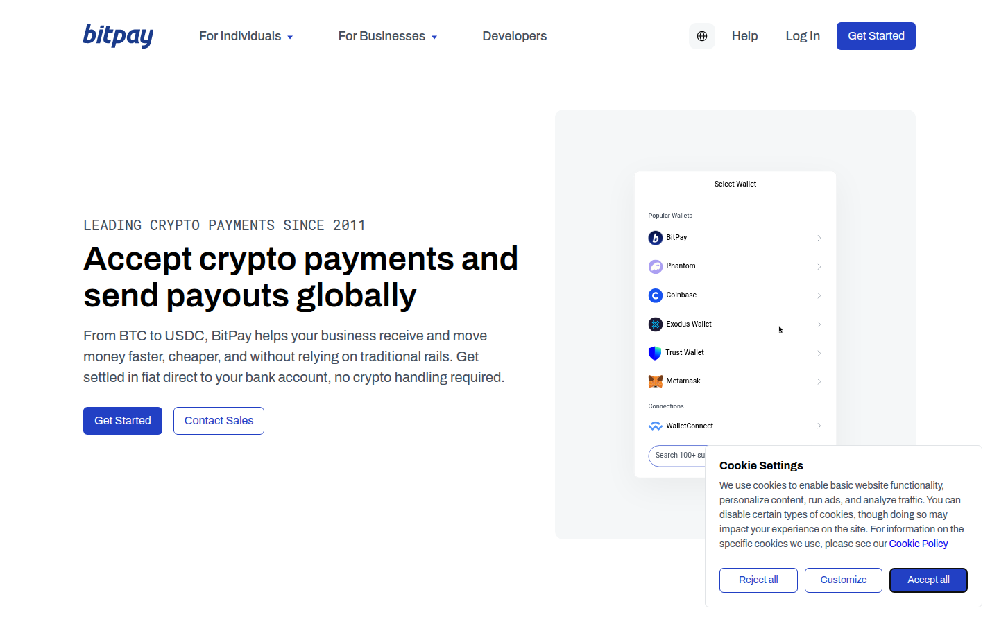 BitPay business page screenshot