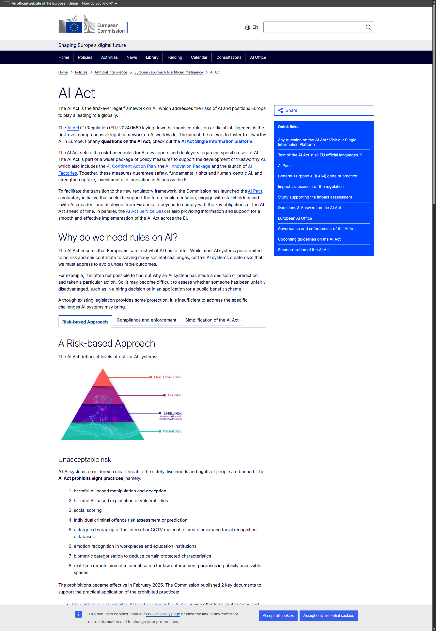 European Commission AI Act page capture for implementation timeline and policy context