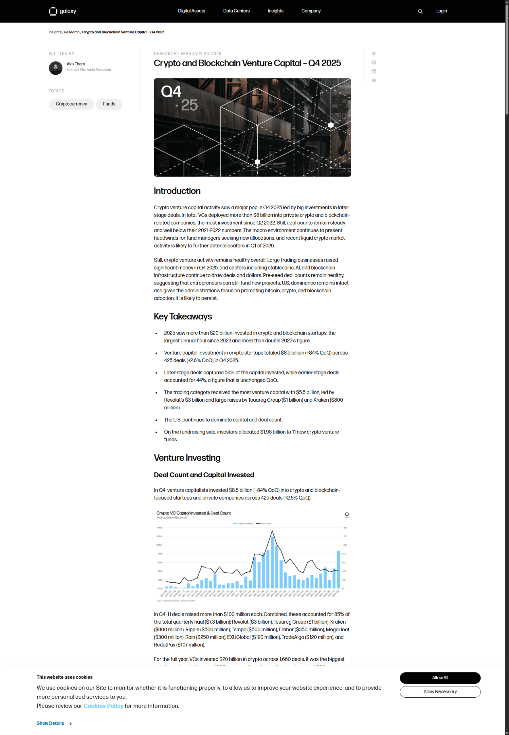 Galaxy Research capture showing crypto and blockchain venture capital in Q4 2025
