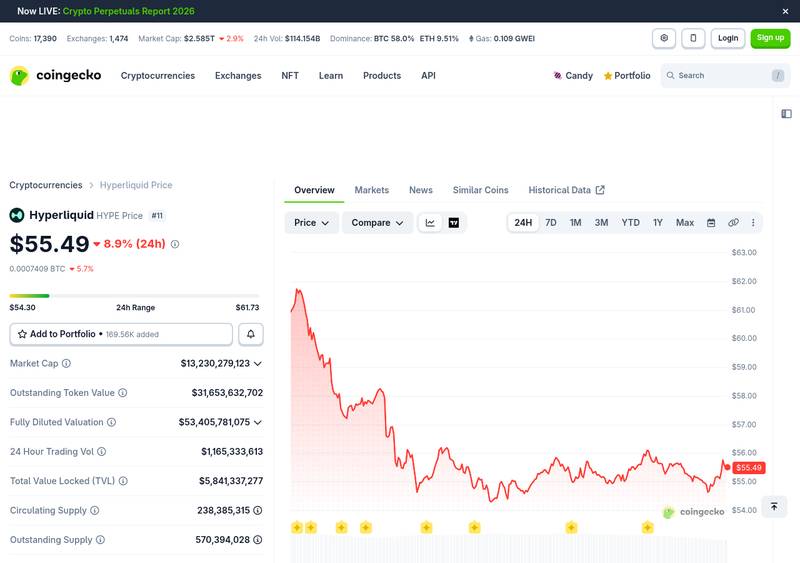 HYPE price chart on CoinGecko showing $55.49 current price after reaching all-time high of $62.18 on May 21 2026, with market cap of $13.2 billion