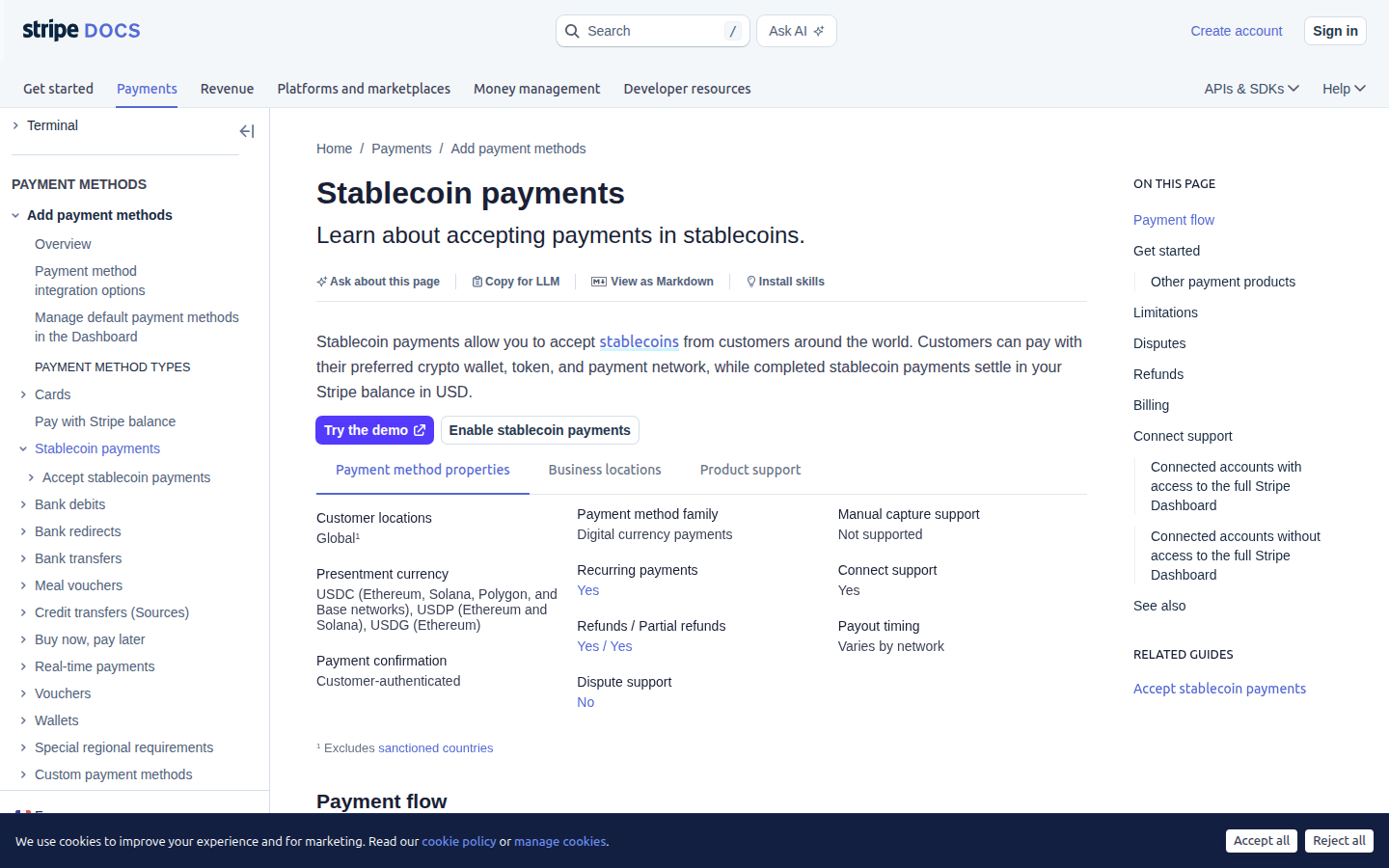 Stripe stablecoin payments docs screenshot